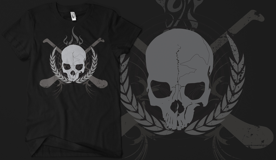 Skull & Crossed Hurleys - Grey on Black